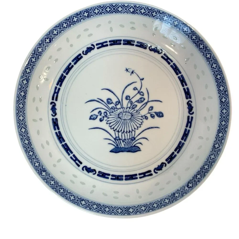Chinese Rice Grain Serving Bowls Blue & White 8.5” Set Of 2